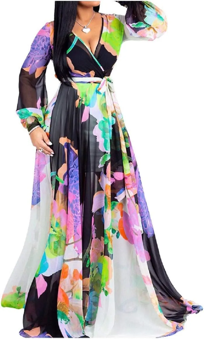 lvenzse Womens Maxi Dress Boho Chiffon Floral Printed Long Party Dresses Plus Size with Belt (FBA)