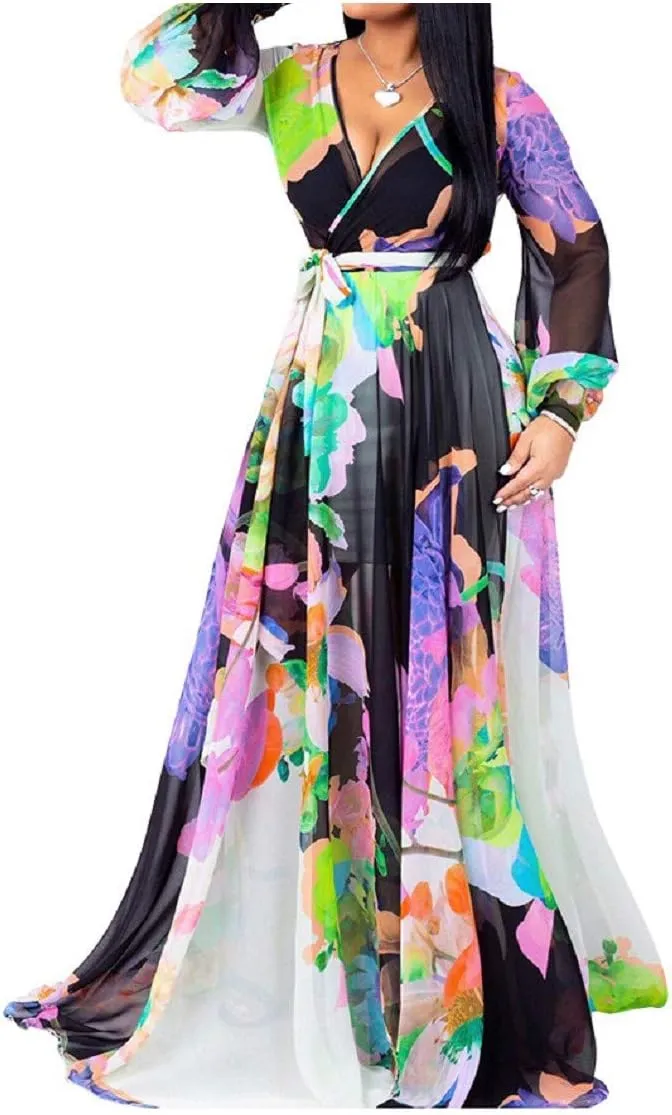 lvenzse Womens Maxi Dress Boho Chiffon Floral Printed Long Party Dresses Plus Size with Belt (FBA)