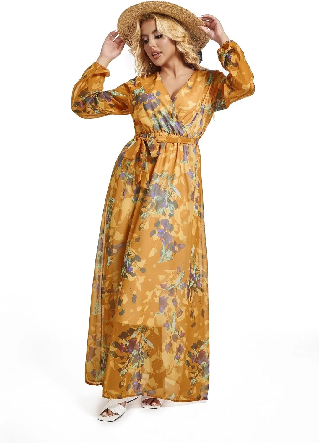 lvenzse Womens Maxi Dress Boho Chiffon Floral Printed Long Party Dresses Plus Size with Belt (FBA)