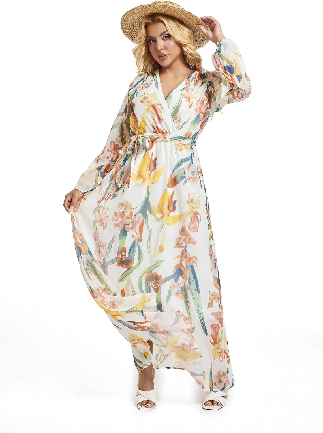 lvenzse Womens Maxi Dress Boho Chiffon Floral Printed Long Party Dresses Plus Size with Belt (FBA)