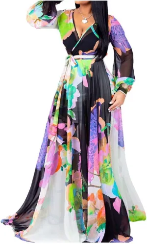lvenzse Womens Maxi Dress Boho Chiffon Floral Printed Long Party Dresses Plus Size with Belt (FBA)