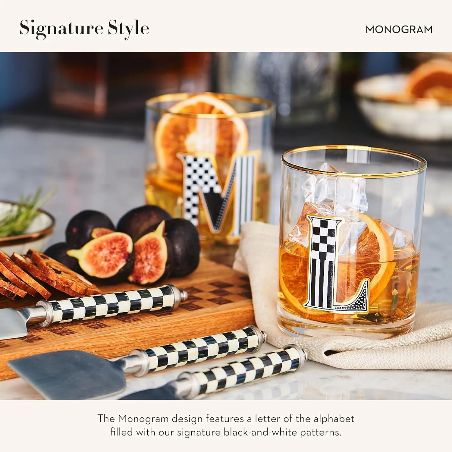 MACKENZIE-CHILDS Monogram Tumbler, Glass Tumbler with Letter, 14 Ounces, K