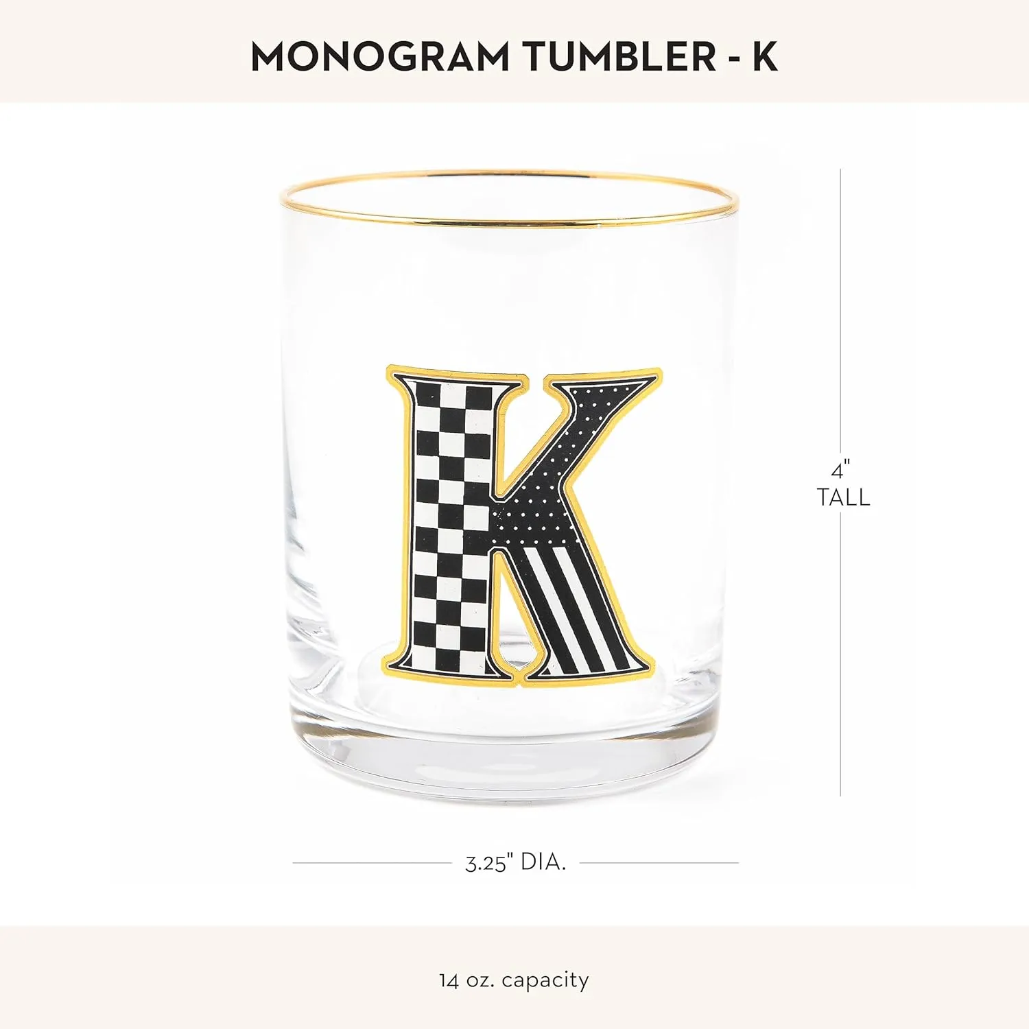 MACKENZIE-CHILDS Monogram Tumbler, Glass Tumbler with Letter, 14 Ounces, K