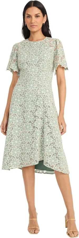 Maggy London Women's Blooming Trellis Lace High Low Midi Scalloped Short Sleeve a Line Wedding Guest Cocktail Dress