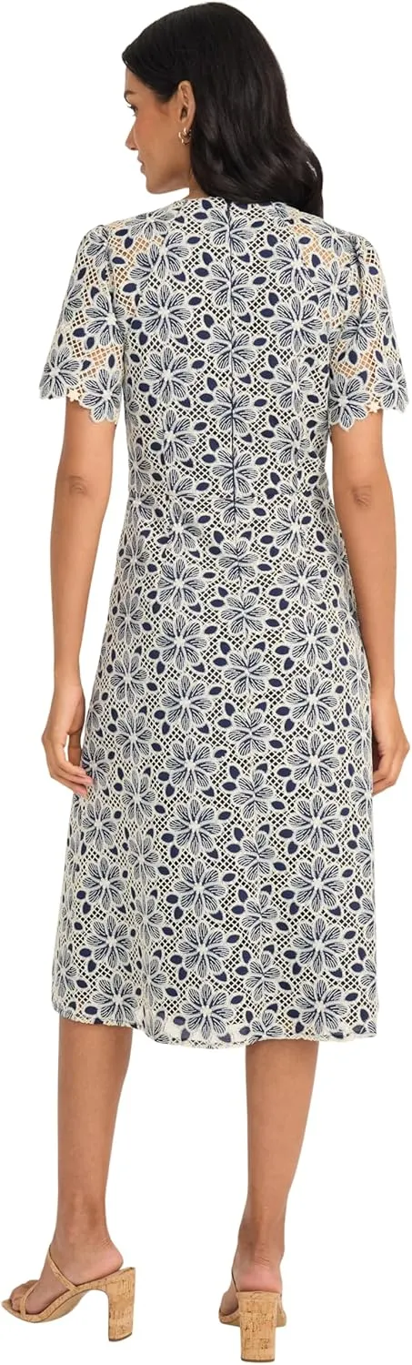 Maggy London Women's Blooming Trellis Lace High Low Midi Scalloped Short Sleeve a Line Wedding Guest Cocktail Dress