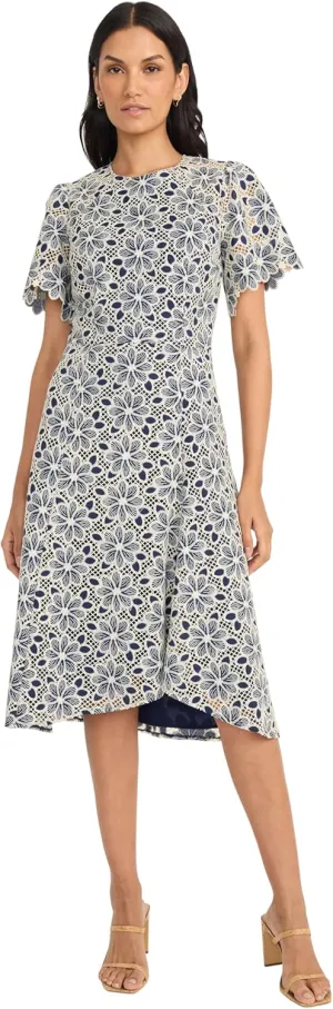 Maggy London Women's Blooming Trellis Lace High Low Midi Scalloped Short Sleeve a Line Wedding Guest Cocktail Dress