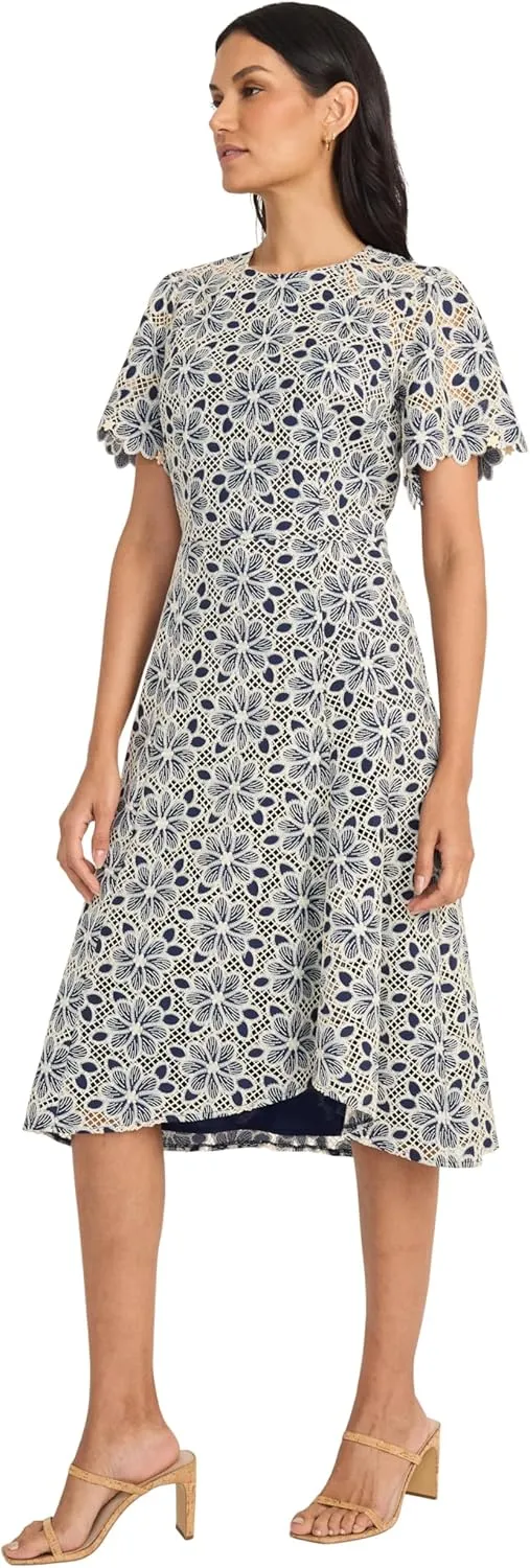 Maggy London Women's Blooming Trellis Lace High Low Midi Scalloped Short Sleeve a Line Wedding Guest Cocktail Dress