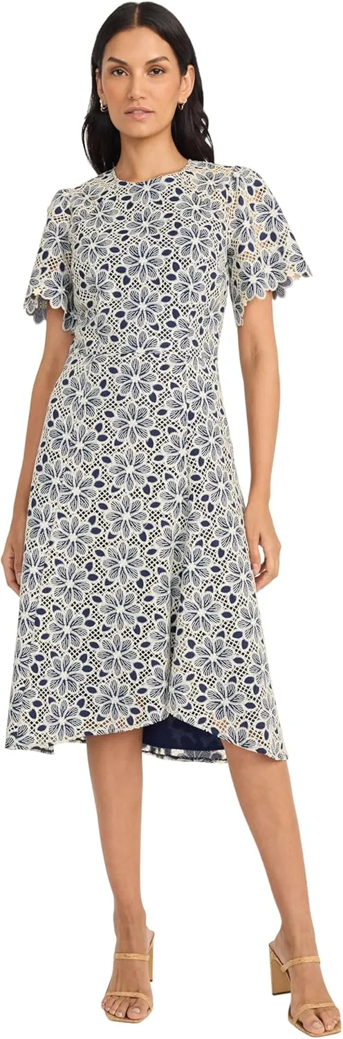 Maggy London Women's Blooming Trellis Lace High Low Midi Scalloped Short Sleeve a Line Wedding Guest Cocktail Dress
