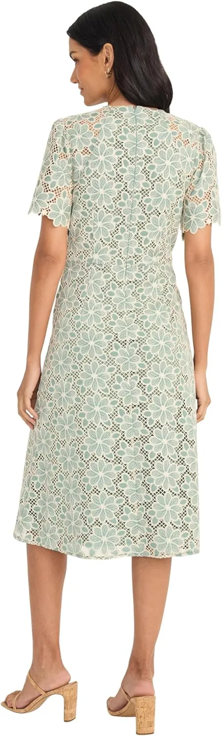 Maggy London Women's Blooming Trellis Lace High Low Midi Scalloped Short Sleeve a Line Wedding Guest Cocktail Dress