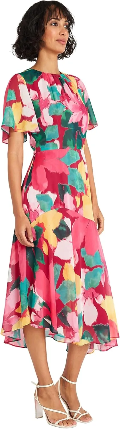 Maggy London Women's Short Flutter Sleeve Fit and Flare Dress with Asymmetric Hem Tier