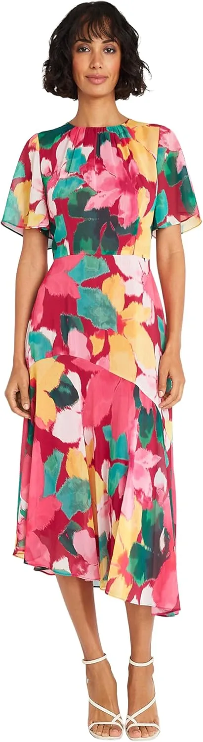 Maggy London Women's Short Flutter Sleeve Fit and Flare Dress with Asymmetric Hem Tier