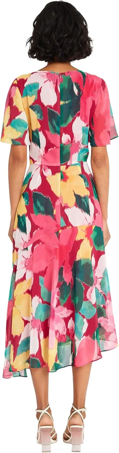 Maggy London Women's Short Flutter Sleeve Fit and Flare Dress with Asymmetric Hem Tier