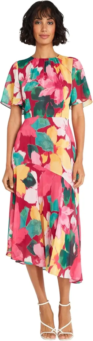Maggy London Women's Short Flutter Sleeve Fit and Flare Dress with Asymmetric Hem Tier