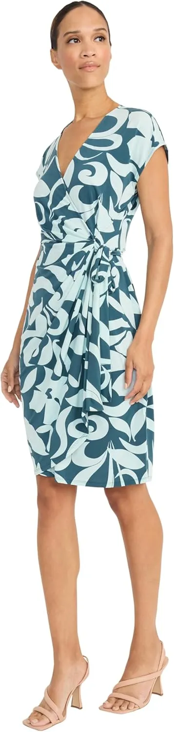 Maggy London Women's Sophisticated V-Neck Cap Sleeve Knee Length-Side Tie Waist Wrap Cocktail Dress