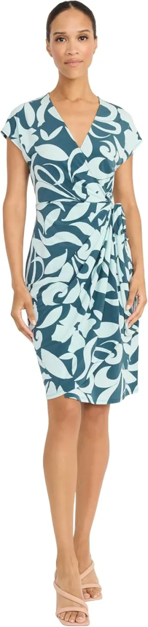 Maggy London Women's Sophisticated V-Neck Cap Sleeve Knee Length-Side Tie Waist Wrap Cocktail Dress