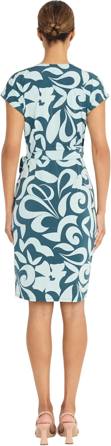 Maggy London Women's Sophisticated V-Neck Cap Sleeve Knee Length-Side Tie Waist Wrap Cocktail Dress