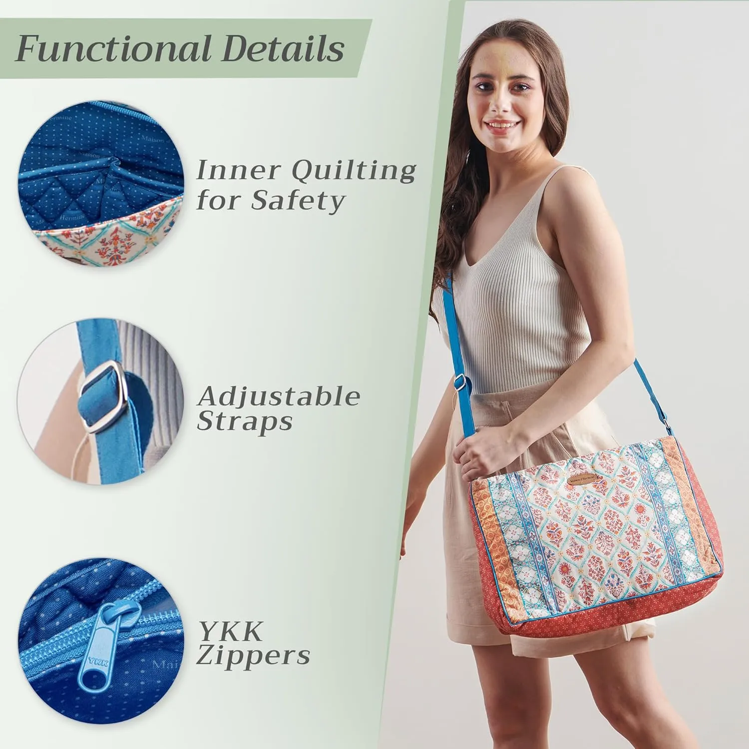 Maison d' Hermine Hand Bag Cotton Adjustable Shoulder Strap Cross Body Bag Tote purse with Zippered & Slip Pockets