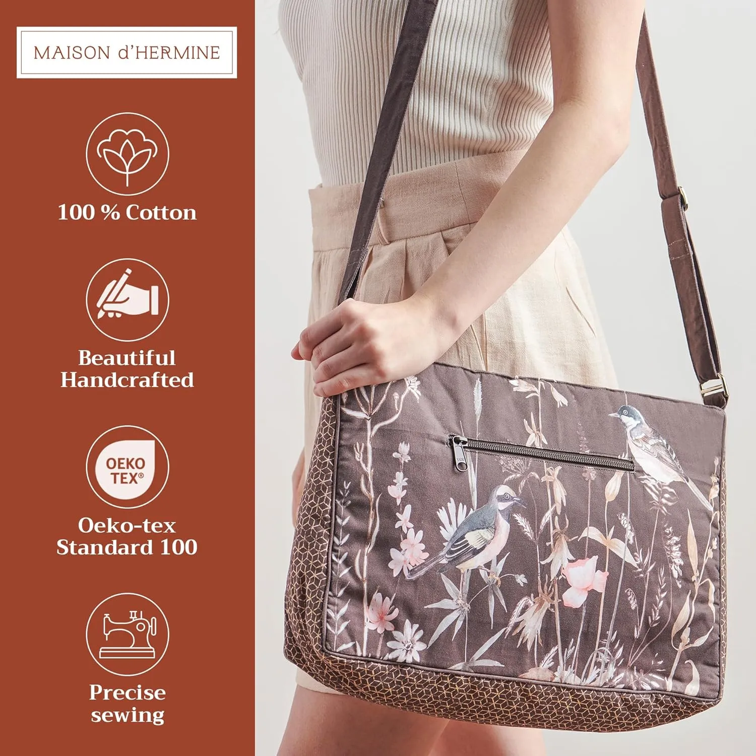 Maison d' Hermine Hand Bag Cotton Adjustable Shoulder Strap Cross Body Bag Tote purse with Zippered & Slip Pockets