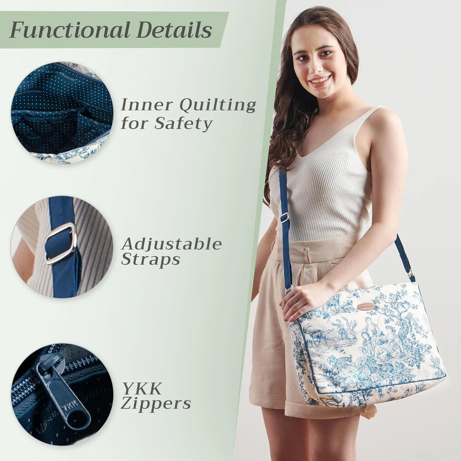 Maison d' Hermine Hand Bag Cotton Adjustable Shoulder Strap Cross Body Bag Tote purse with Zippered & Slip Pockets