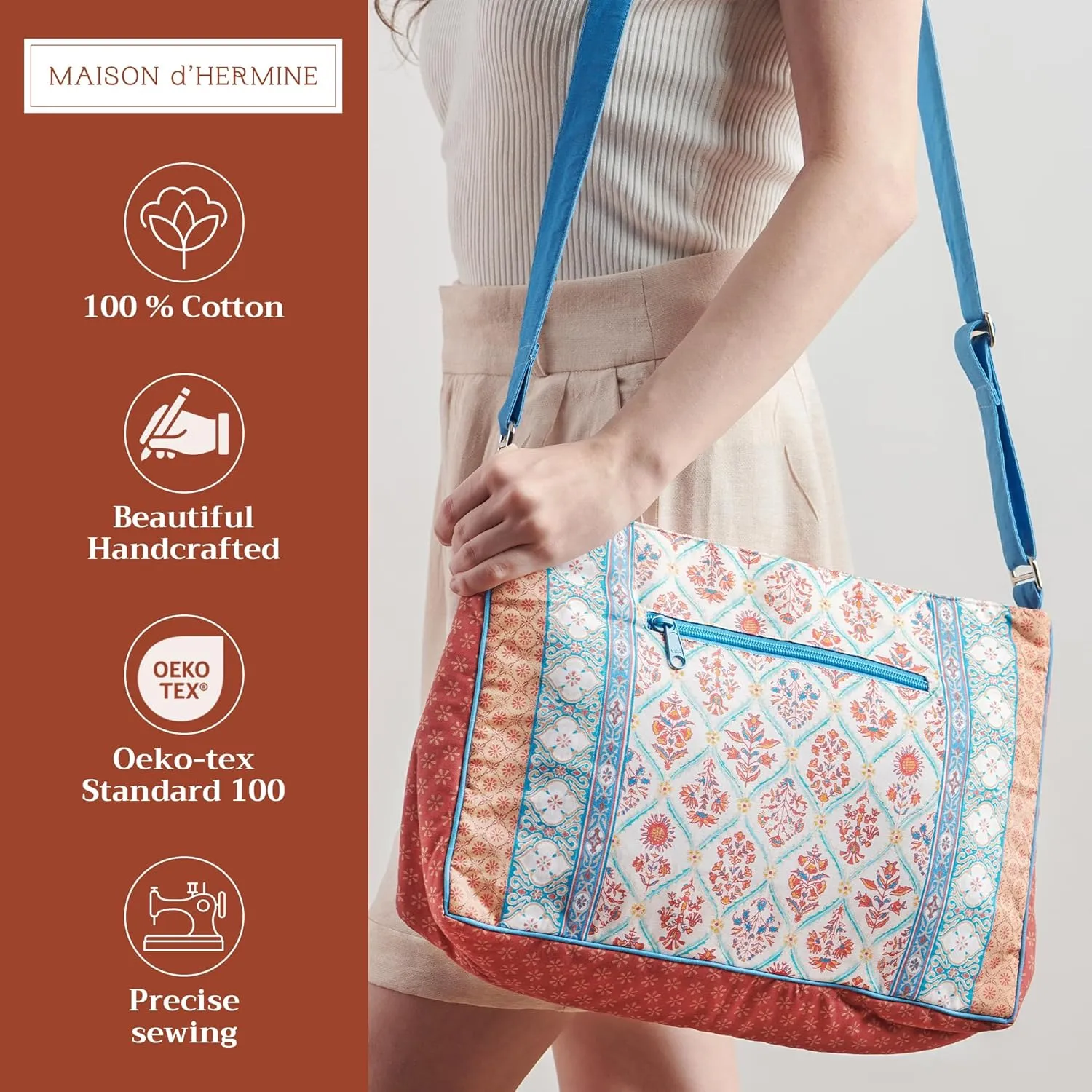 Maison d' Hermine Hand Bag Cotton Adjustable Shoulder Strap Cross Body Bag Tote purse with Zippered & Slip Pockets