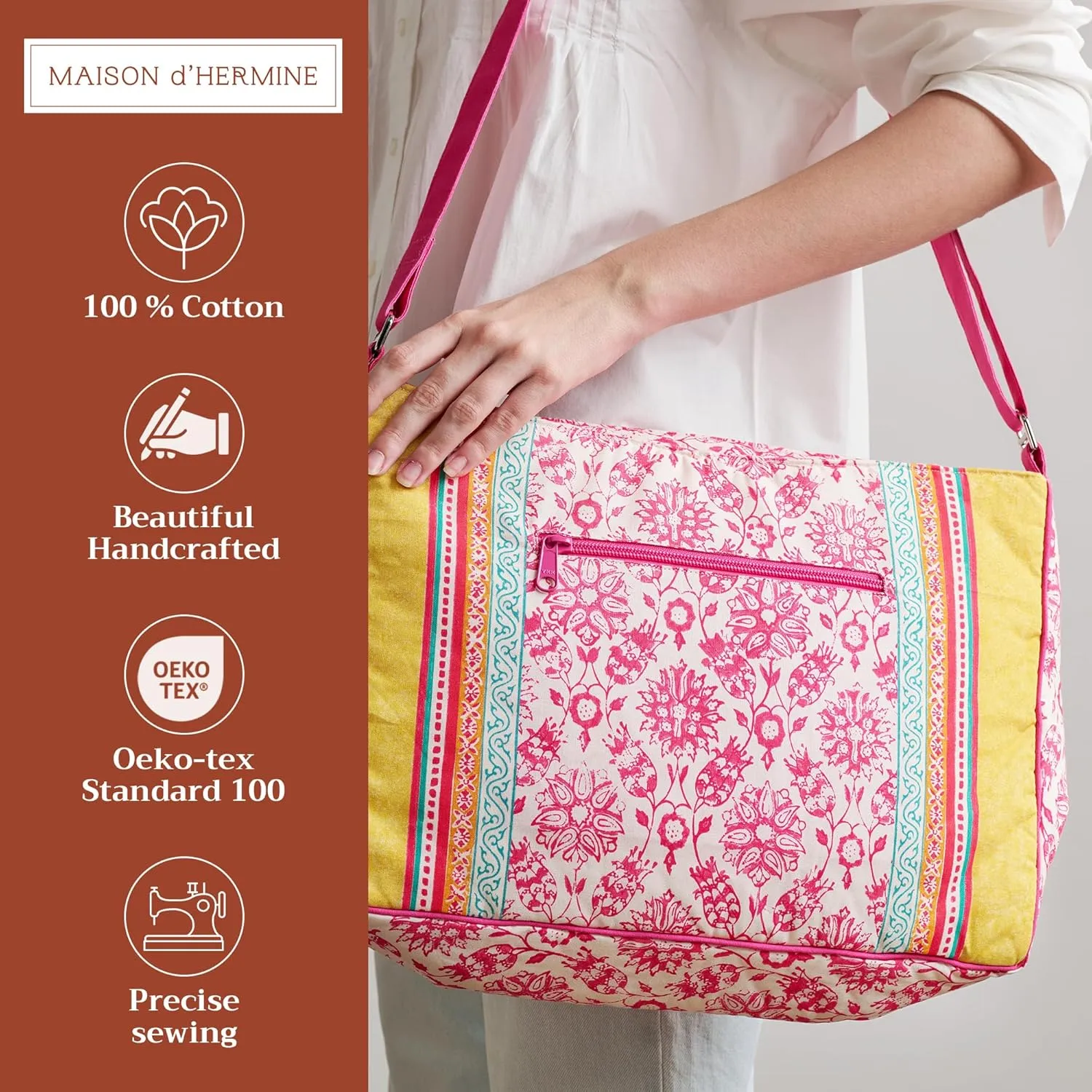 Maison d' Hermine Hand Bag Cotton Adjustable Shoulder Strap Cross Body Bag Tote purse with Zippered & Slip Pockets