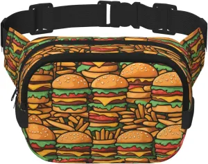 many cute burgers Fitness travel shoulder bag, fashionable and casual waist bag, square double-layer waist bag