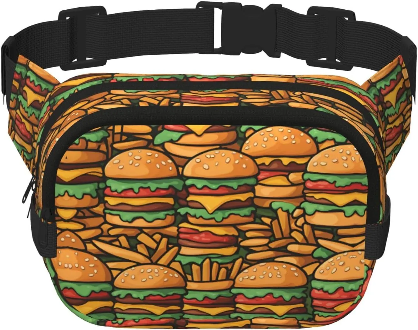 many cute burgers Fitness travel shoulder bag, fashionable and casual waist bag, square double-layer waist bag
