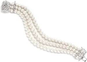 Mariell Genuine Freshwater Pearl 3-Strand Bridal Wedding Bracelet with CZ Safety Clasp, Birthday Gift