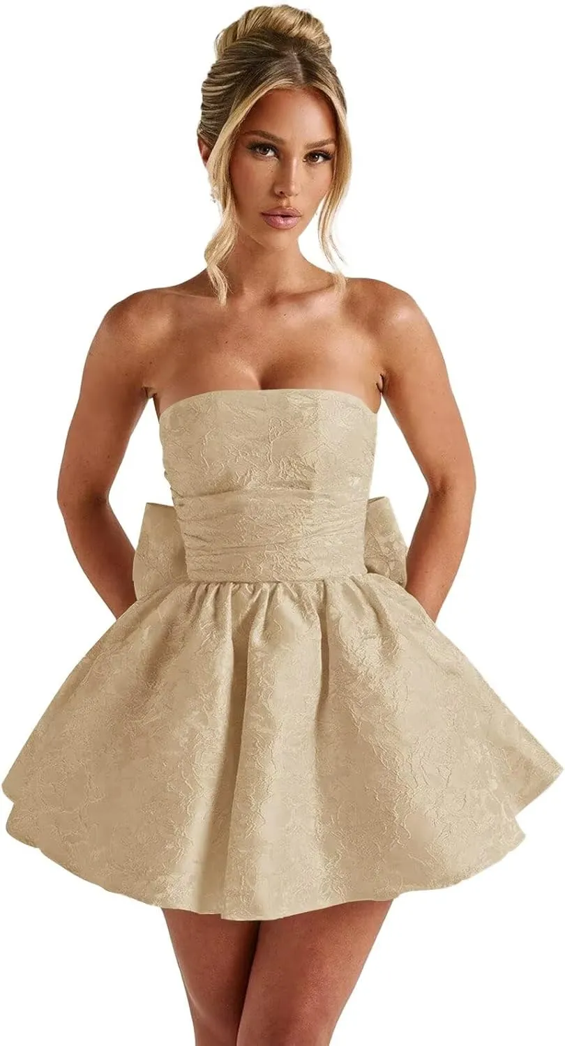 Maxianever 2025 Strapless Homecoming Dresses for Teens Short Satin Jacquard Mini A-Line Prom Cocktail Gowns