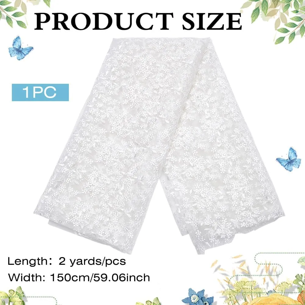 MAYJOYDIY 2 Yards White Flower Branch Embroidered Lace Fabric 59inch Floral Leaf Mesh Lace Trim Wedding Accessories Tulle for DIY Wedding Dresses Half Skirt Dress Curtains Background