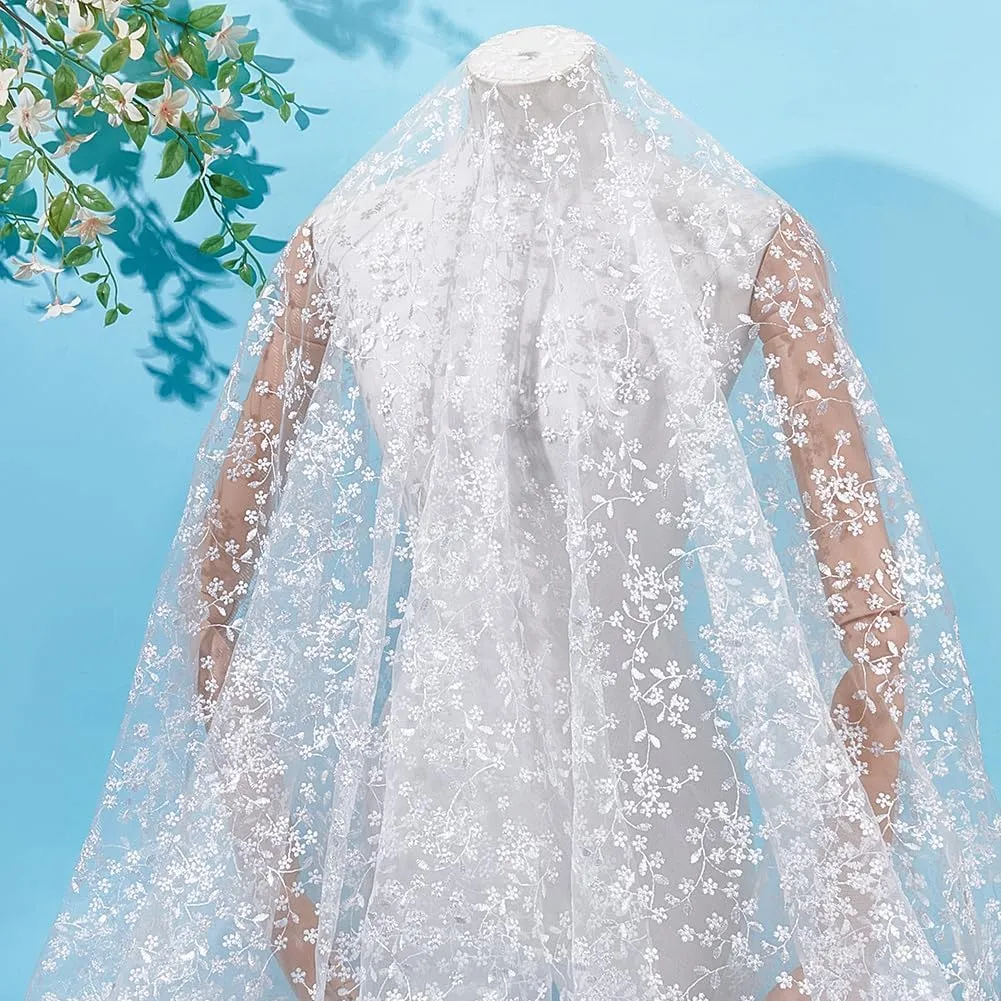 MAYJOYDIY 2 Yards White Flower Branch Embroidered Lace Fabric 59inch Floral Leaf Mesh Lace Trim Wedding Accessories Tulle for DIY Wedding Dresses Half Skirt Dress Curtains Background