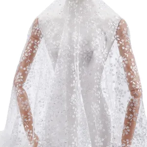 MAYJOYDIY 2 Yards White Flower Branch Embroidered Lace Fabric 59inch Floral Leaf Mesh Lace Trim Wedding Accessories Tulle for DIY Wedding Dresses Half Skirt Dress Curtains Background