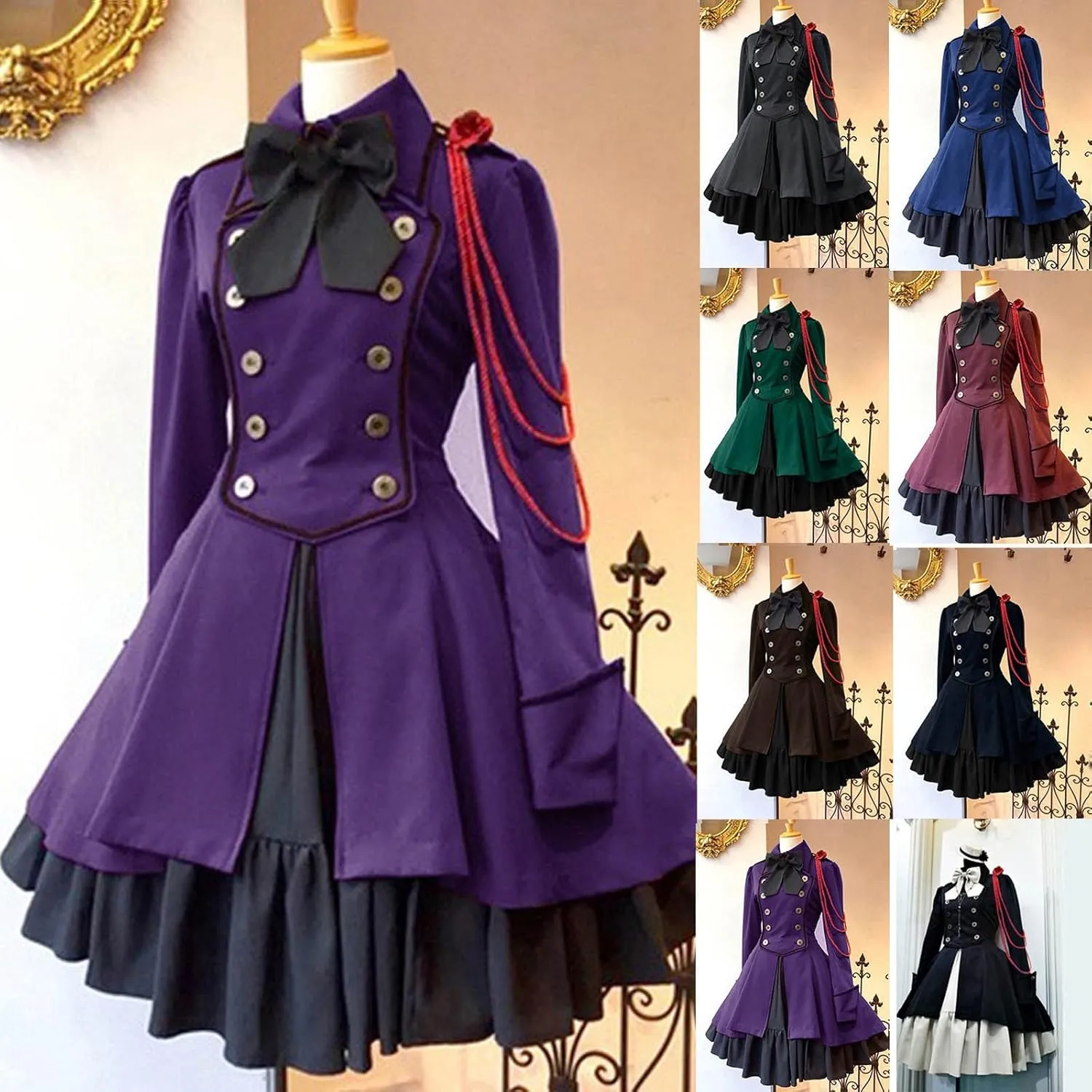 Medieval Costume Women Plus Size Renaissance Dress with Bow Vintage Ruffle Steampunk Rococo Gothic Lolita Clothes
