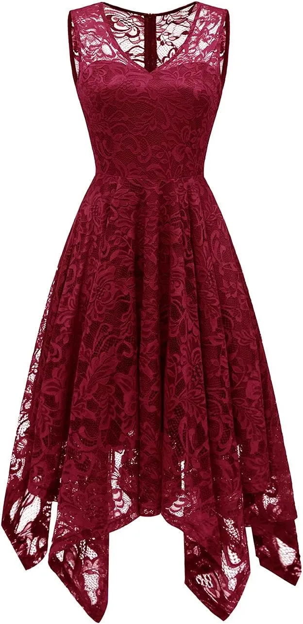 Meetjen Women's Cocktail Party Dresses 2025 Handkerchief Hem Lace Formal Wedding Guest Bridesmaid Fancy Prom Dress