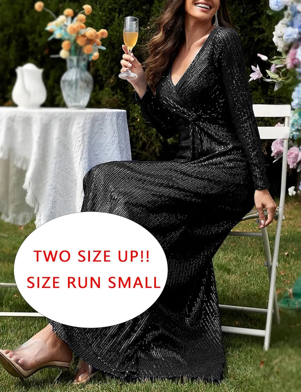 meilun Long Sleeve Sequin Dress for Women Formal Gowns Sparkly V Neck Maxi Dress