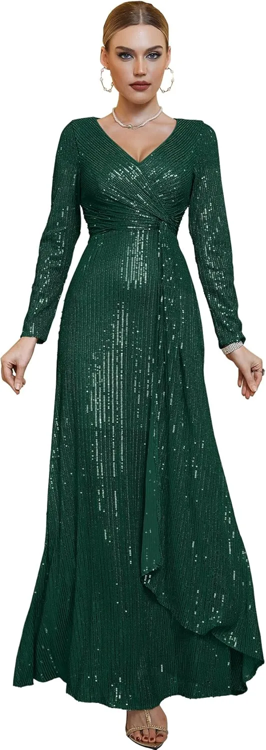 meilun Long Sleeve Sequin Dress for Women Formal Gowns Sparkly V Neck Maxi Dress