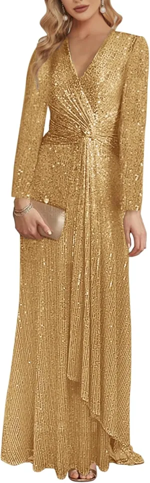 meilun Long Sleeve Sequin Dress for Women Formal Gowns Sparkly V Neck Maxi Dress