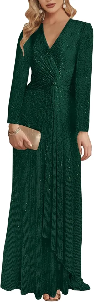 meilun Long Sleeve Sequin Dress for Women Formal Gowns Sparkly V Neck Maxi Dress