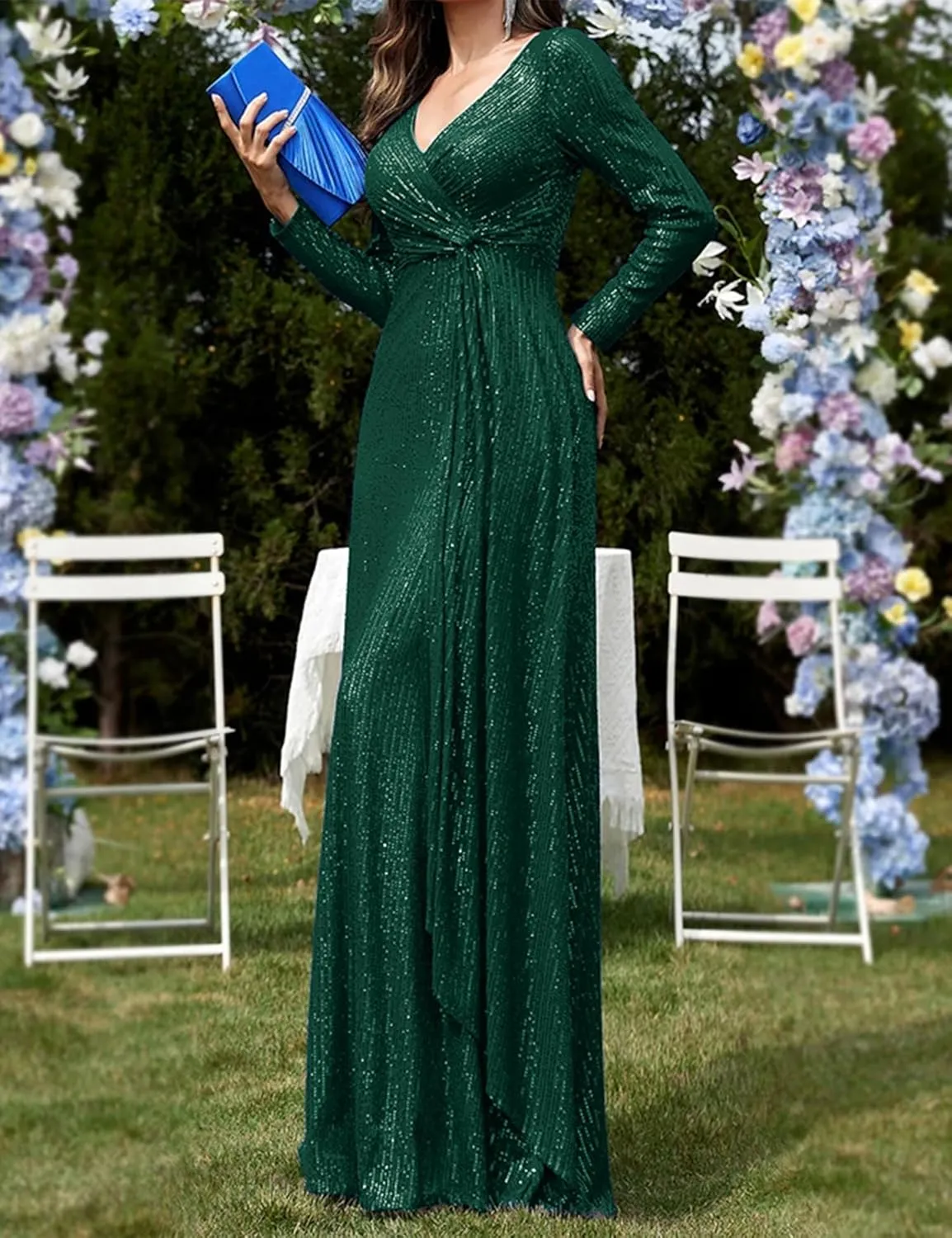 meilun Long Sleeve Sequin Dress for Women Formal Gowns Sparkly V Neck Maxi Dress