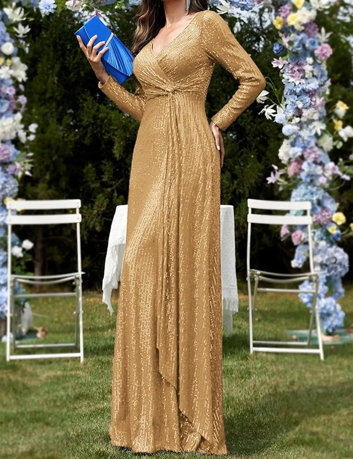 meilun Long Sleeve Sequin Dress for Women Formal Gowns Sparkly V Neck Maxi Dress
