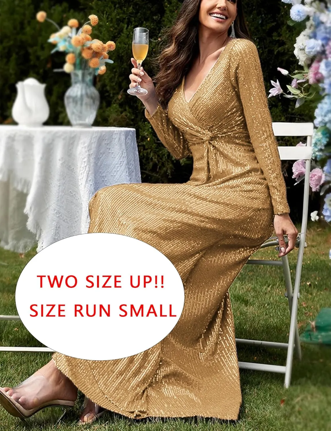 meilun Long Sleeve Sequin Dress for Women Formal Gowns Sparkly V Neck Maxi Dress