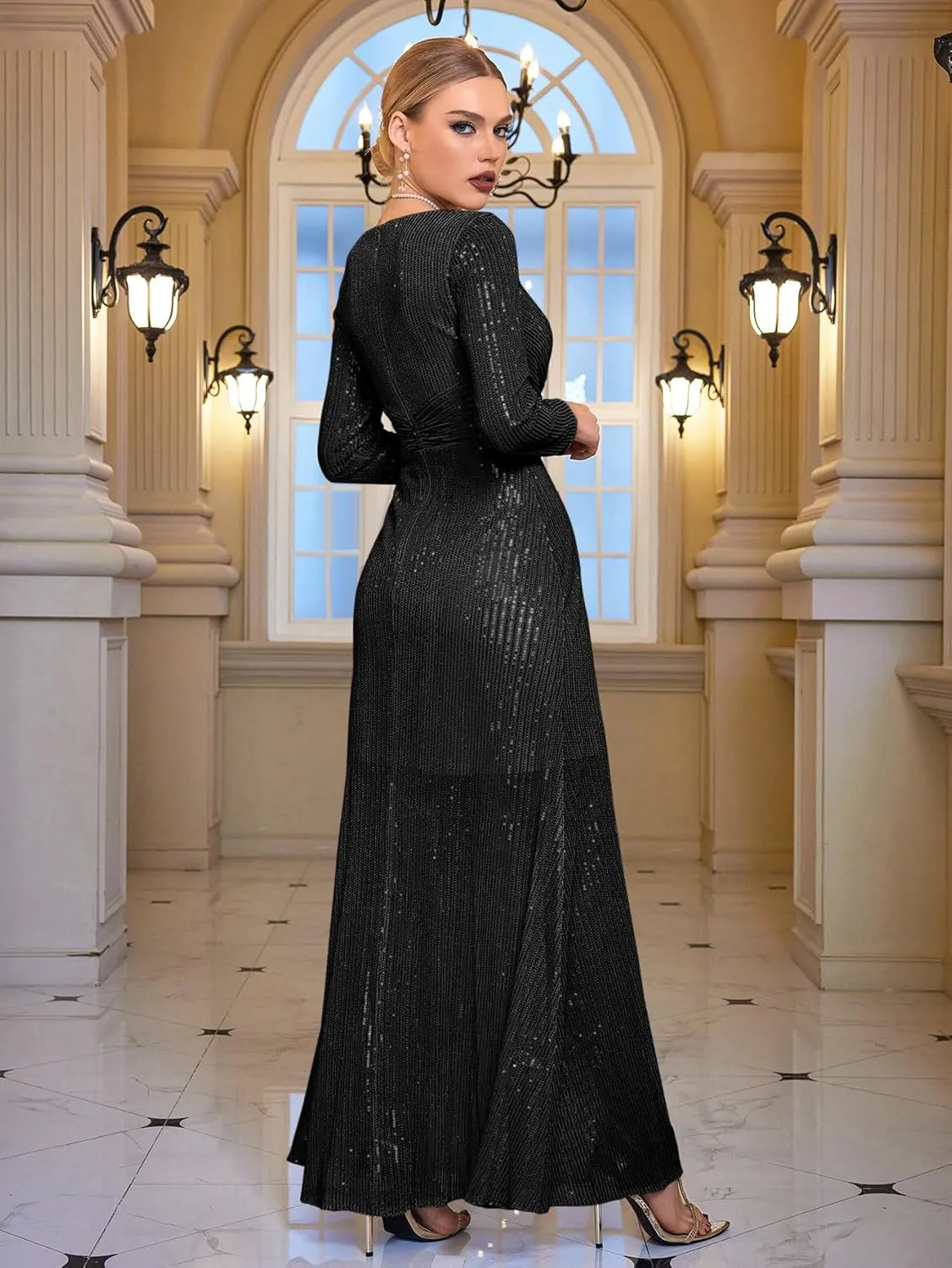 meilun Long Sleeve Sequin Dress for Women Formal Gowns Sparkly V Neck Maxi Dress