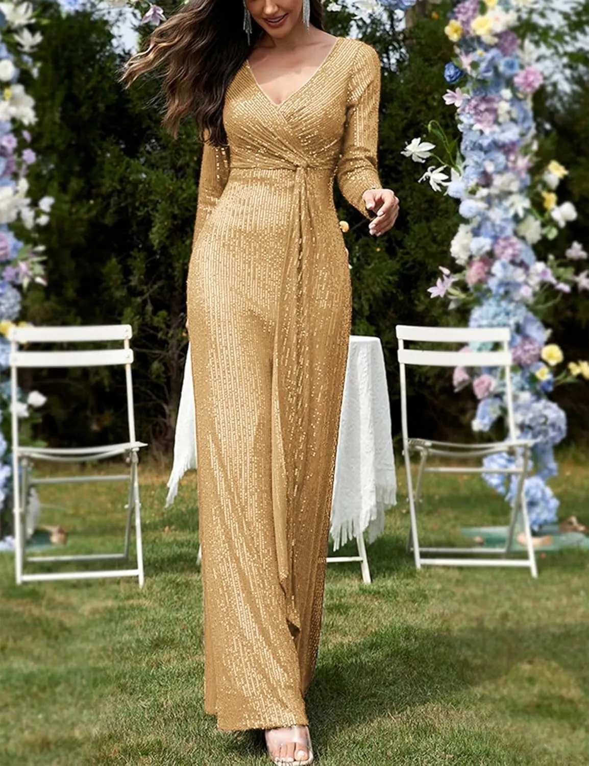 meilun Long Sleeve Sequin Dress for Women Formal Gowns Sparkly V Neck Maxi Dress