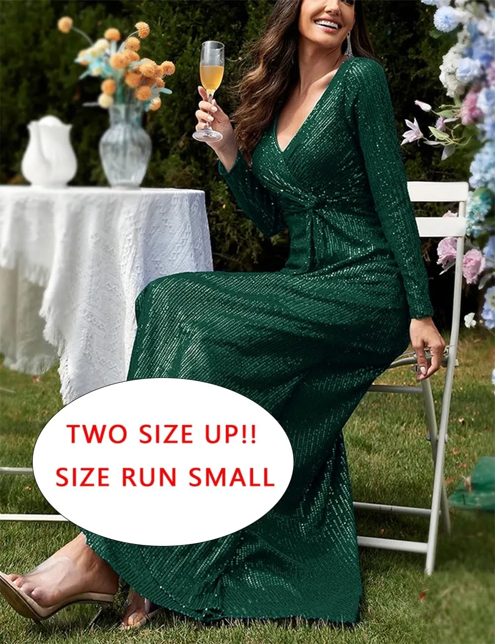 meilun Long Sleeve Sequin Dress for Women Formal Gowns Sparkly V Neck Maxi Dress