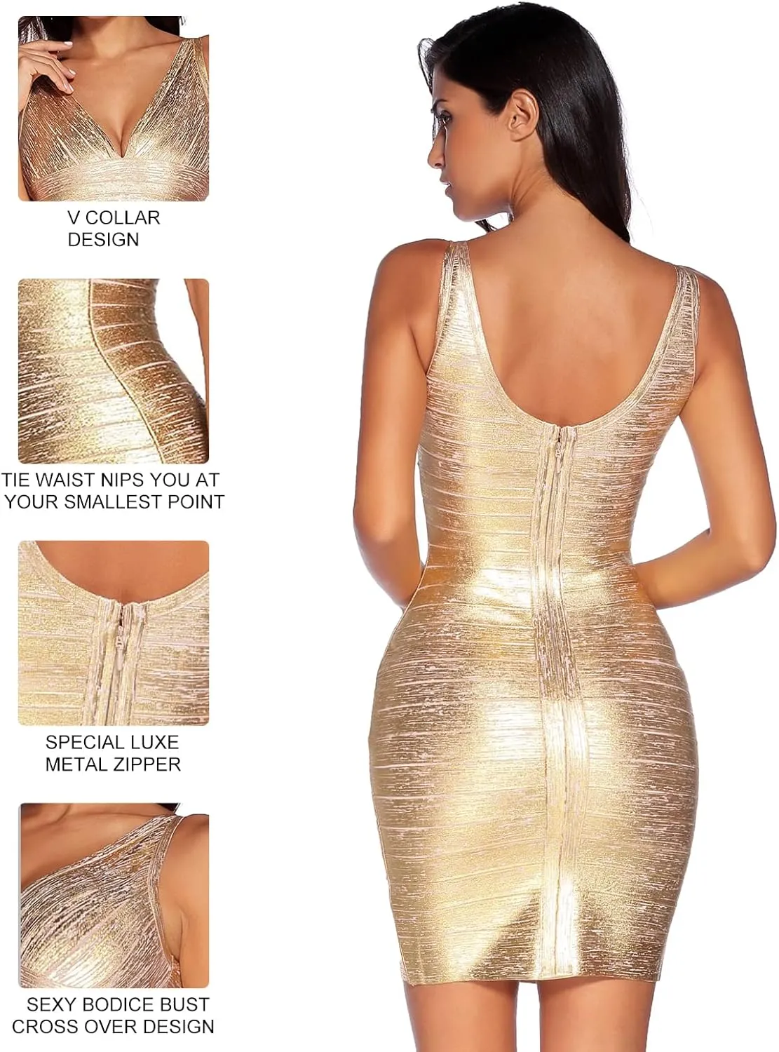 meilun Sexy V-Neck Bandage Bodycon Cocktail Dress for Wedding Guest Strap Foil Formal Gowns Evening Dress