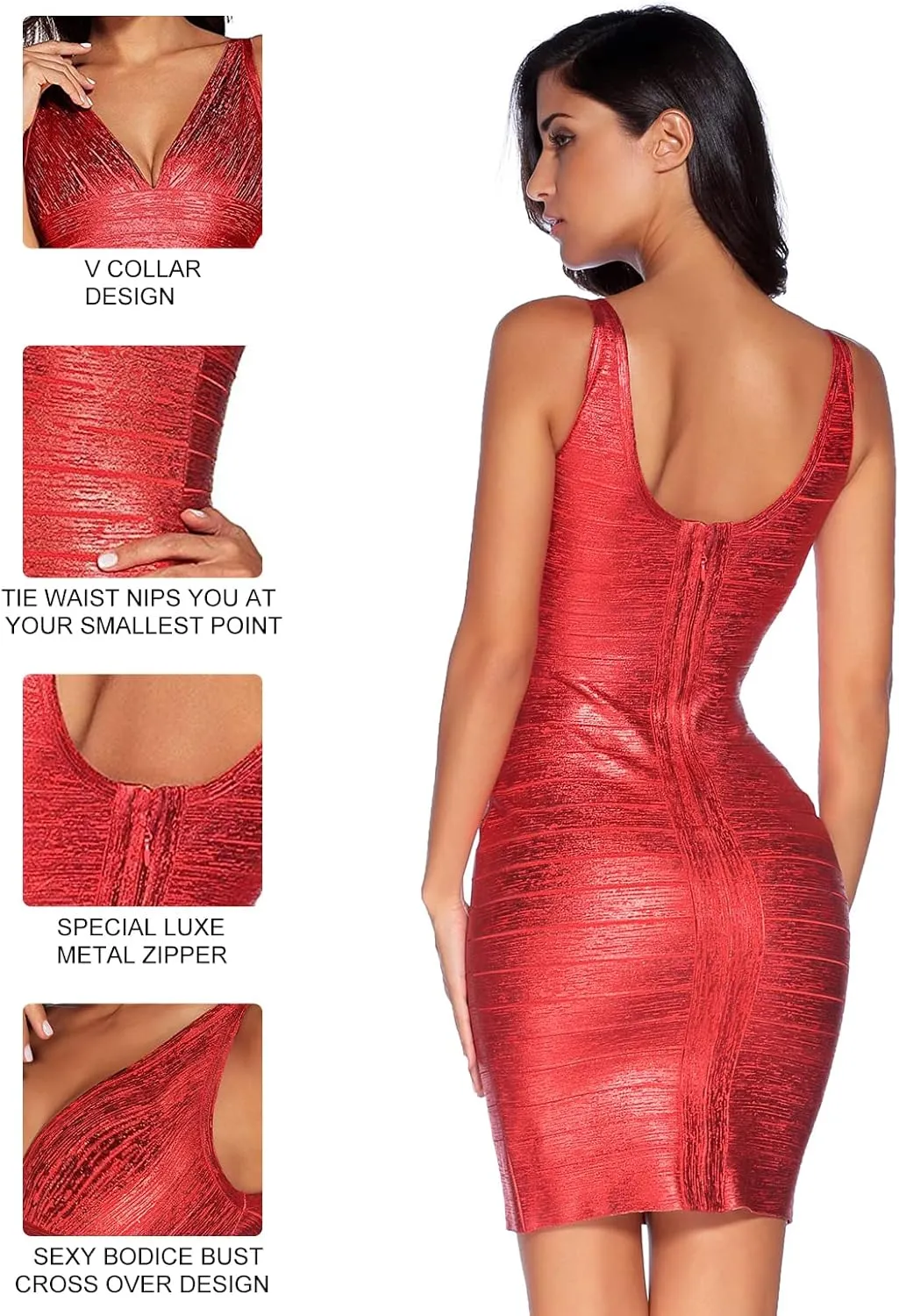 meilun Sexy V-Neck Bandage Bodycon Cocktail Dress for Wedding Guest Strap Foil Formal Gowns Evening Dress