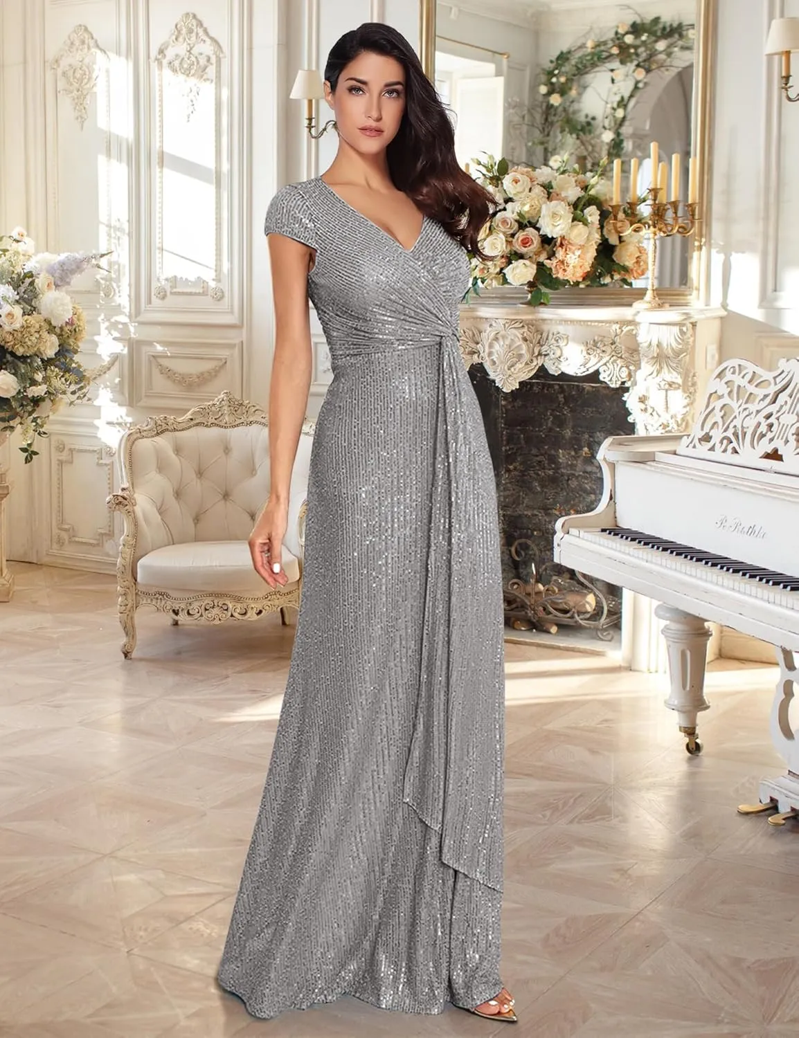 meilun Short Sleeve Sequin Dress for Women Formal Evening Gowns Sparkly V Neck 1920s Long Dress