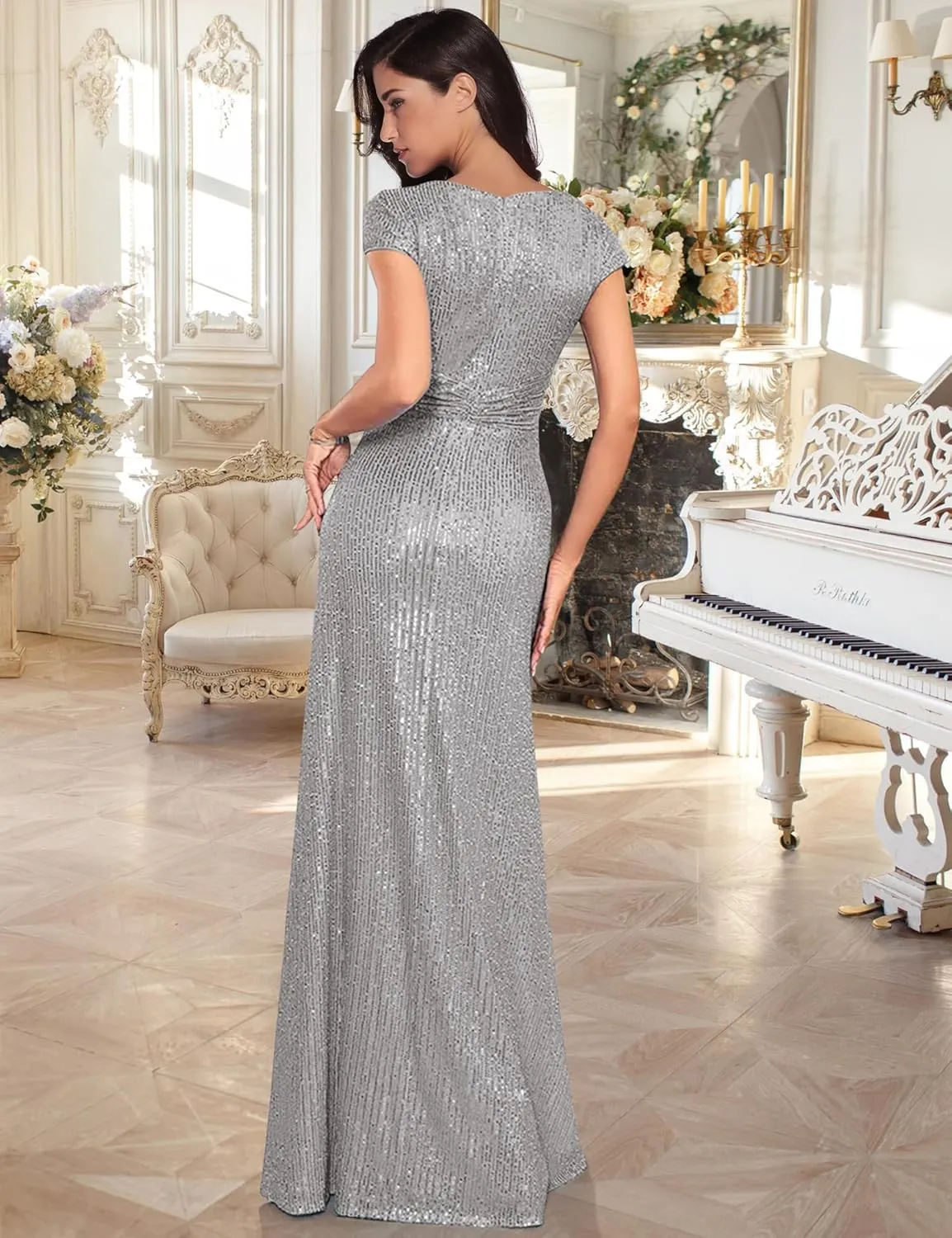 meilun Short Sleeve Sequin Dress for Women Formal Evening Gowns Sparkly V Neck 1920s Long Dress