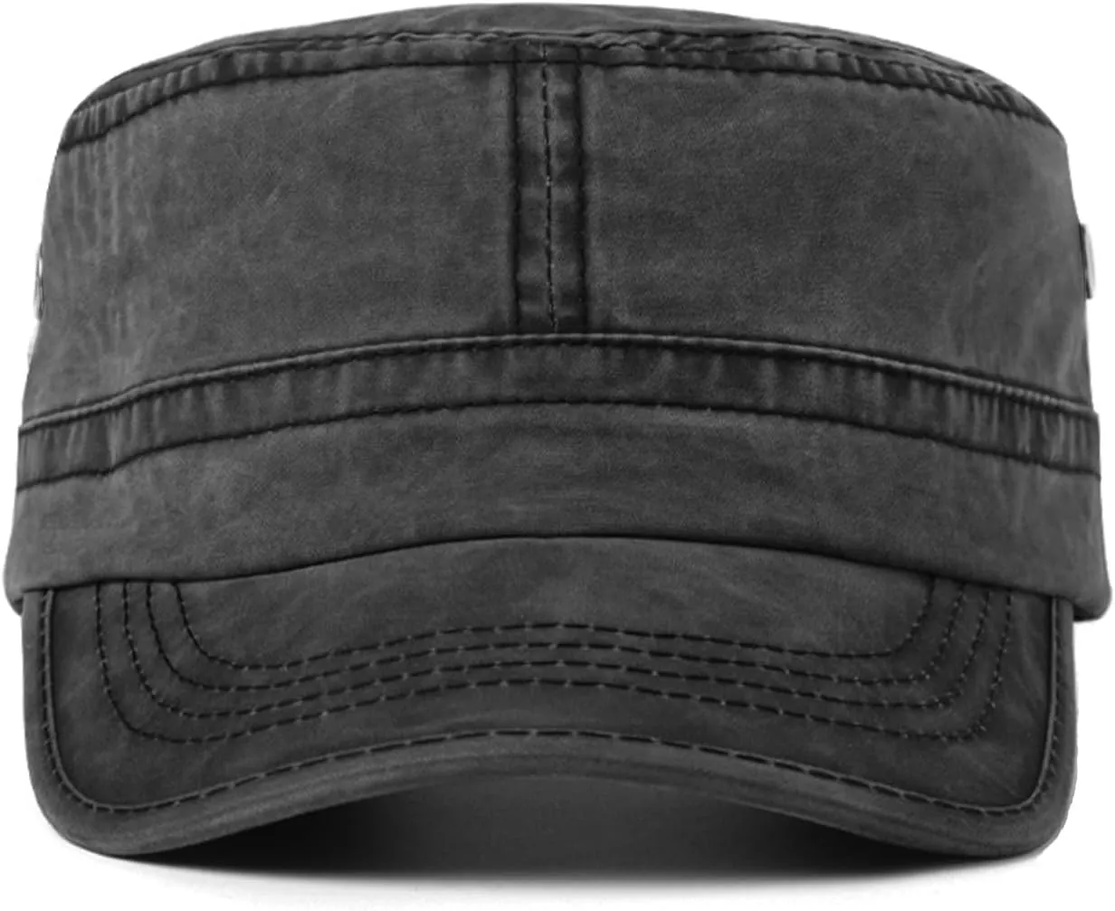 meioro Washed Cotton Military Caps Unisex Adjustable Cadet Army Cap Classic Vintage Captain Hat Flat Top Cap
