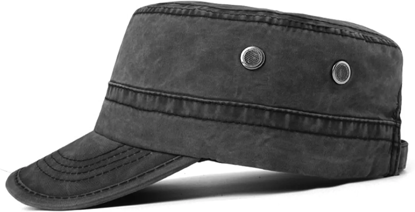 meioro Washed Cotton Military Caps Unisex Adjustable Cadet Army Cap Classic Vintage Captain Hat Flat Top Cap